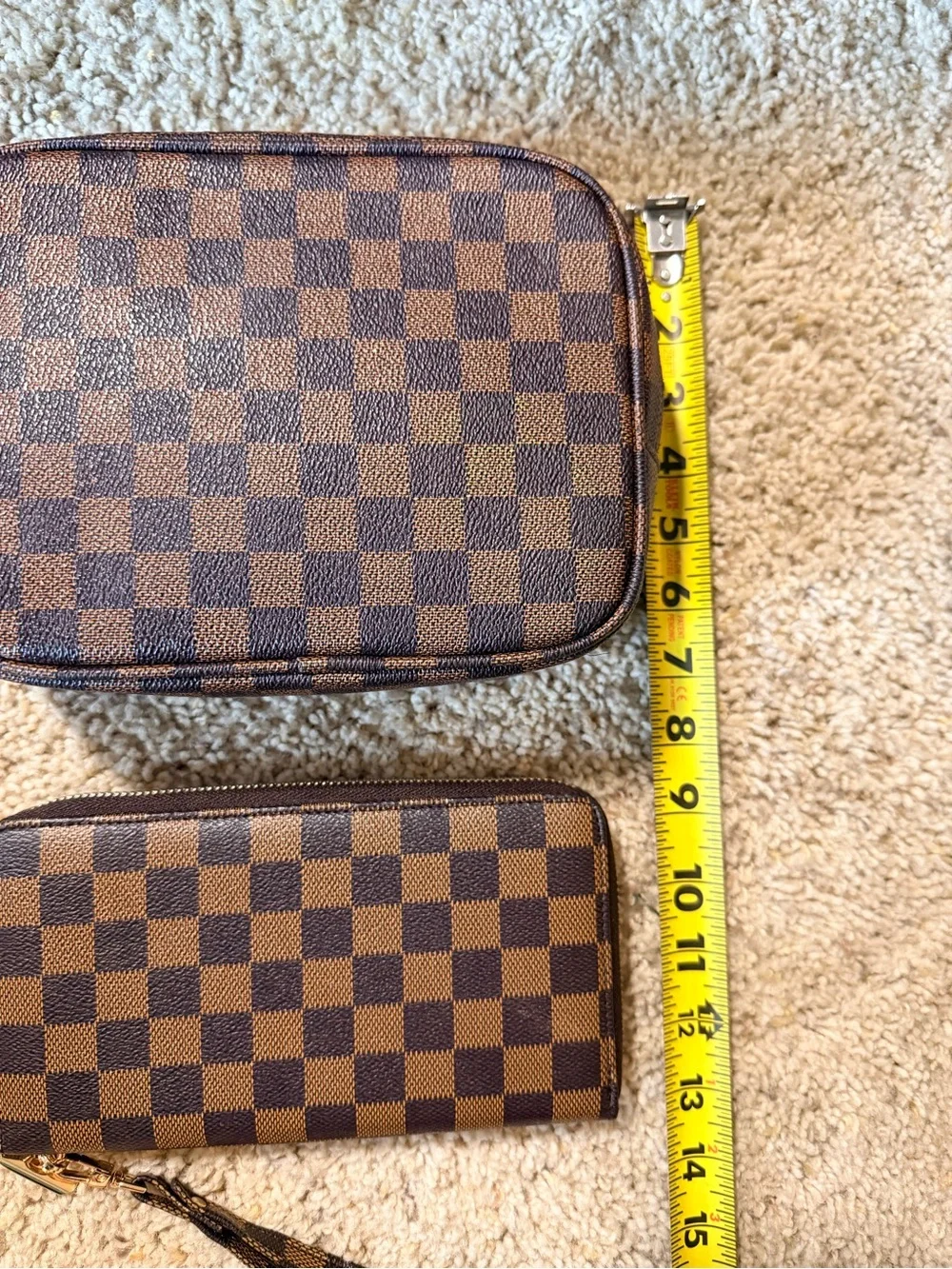 Brown Checkered Cosmetic Bag & Zip Around Wallet Travel Set